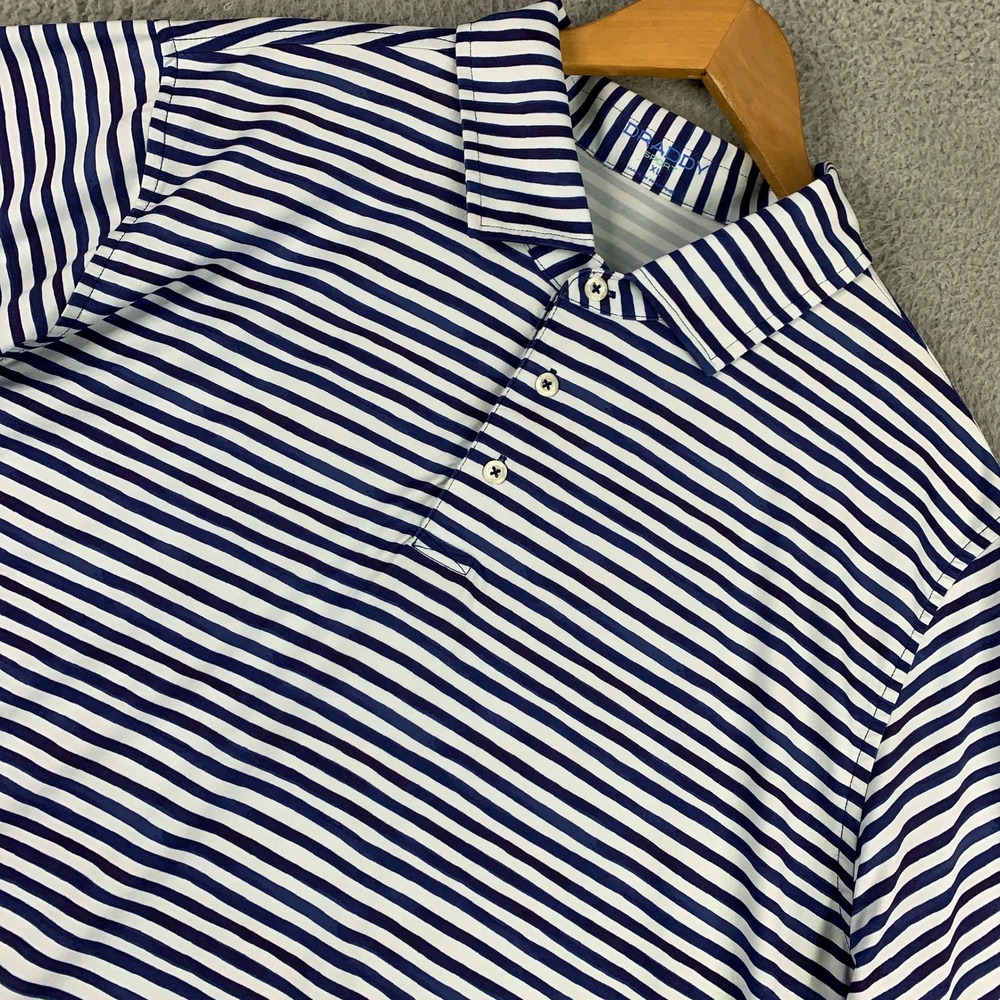 B. Draddy‎ Sport Golf Polo Men's XL Navy White Striped Performance Short Sleeve